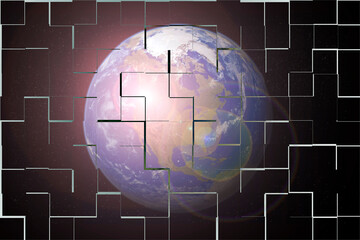 Image of a planet in a dark sky with puzzle elements