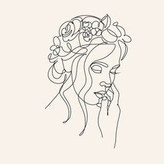 Elegant Line Art Woman with Flower on her Head. Minimalist Floral Feminine logo