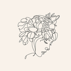 Elegant Line Art Woman with Flower on her Head. Minimalist Floral Feminine logo