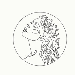 Woman Flower Head Logo. Nature Abstract Sketch, Beauty Continuous Line Artwork, Face Figure Art. Floral Feminine vector Label