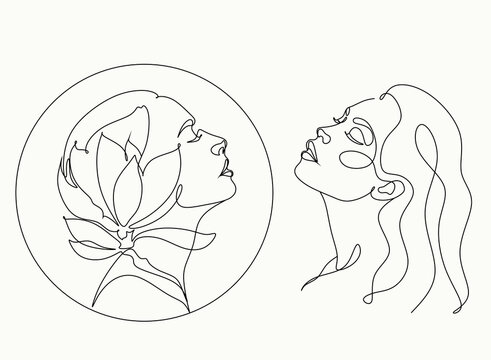 Woman face with flowers. Abstract face with plant by one line drawing. Portrait minimalistic style. Botanical print. Nature symbol of cosmetics. 