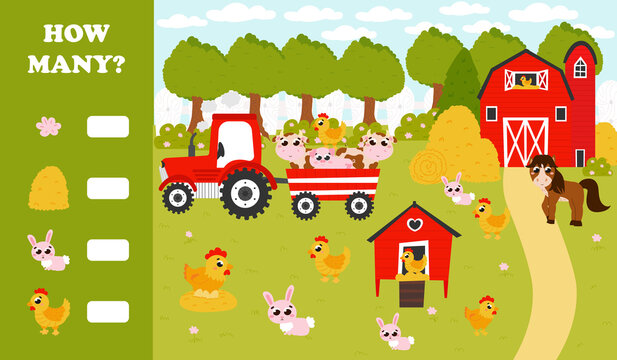 Counting game for kids with farm animals, barn and garden in cartoon style, printable how many worksheet