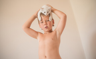 Child playing with baby cat. Boy  put the kitten on his head. Little boy snuggling cute pet animal...