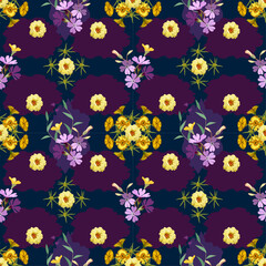 Vector seamless floral pattern on a dark blue-purple background with yellow and lilac flowers and different leaves