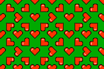 Red heart shape pixel art seamless pattern
