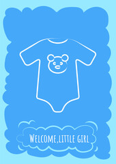 Welcome little girl blue postcard with linear glyph icon. Expecting baby. Greeting card with decorative vector design. Simple style poster with creative lineart illustration. Flyer with holiday wish
