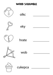 Puzzle for kids. Word scramble for children. Black and white valentine elements.