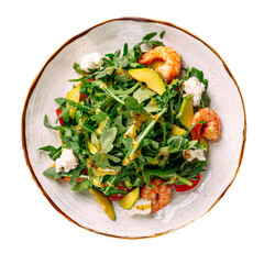 Isolated shrimp salad with avocado and arugula on wooden background
