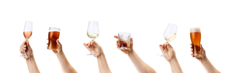 Collage of male hands holding different alcohol glasses isolated over white background - Powered by Adobe