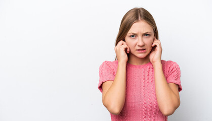 Fototapeta premium Young Russian woman isolated on white background frustrated and covering ears