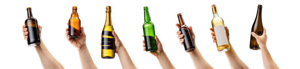 Collage of many hands holding various alcohol bottles isolated over white background