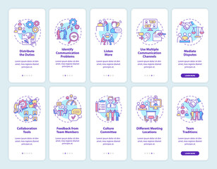 Teamwork onboarding mobile app screen set. Build productive team walkthrough 5 steps graphic instructions pages with linear concepts. UI, UX, GUI template. Myriad Pro-Bold, Regular fonts used - obrazy, fototapety, plakaty