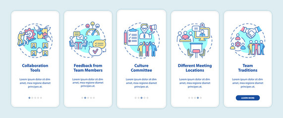 Teamwork improving tips onboarding mobile app screen. Productivity walkthrough 5 steps graphic instructions pages with linear concepts. UI, UX, GUI template. Myriad Pro-Bold, Regular fonts used