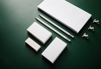 Corporate identity mockup. Blank stationery set on green background. Responsive design template.