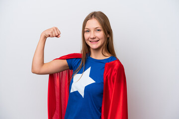 Super Hero Russian woman isolated on white background doing strong gesture