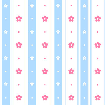 Cute Minimal Flower Pink Blue Stripe Line Checkered Gingham Pattern Editable Stroke. Cartoon Illustration, Mat, Fabric, Textile, Scarf, Wrapping Paper. © chamkrajang