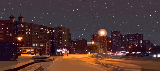 winter landscape of night snow covered city street