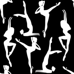seamless pattern of dancing ballerinas on a black background. Vector illustration. white silhouette