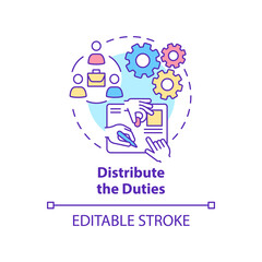 Distribute duties concept icon. Way to improve productive teamwork abstract idea thin line illustration. Isolated outline drawing. Editable stroke. Roboto-Medium, Myriad Pro-Bold fonts used
