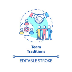 Team traditions concept icon. Rituals connecting employees abstract idea thin line illustration. Isolated outline drawing. Editable stroke. Roboto-Medium, Myriad Pro-Bold fonts used