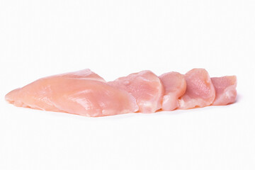 Raw chicken breast, chicken fillet cut into slices. isolated on a white background