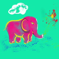 Drawing of a pink elephant, illustration on a green background.