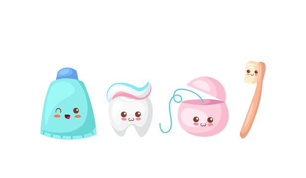 Cute happy tooth with colorful toothpaste, dental floss and toothbrush. Healthy teeth concept. Cartoon vector illustration. Use for children poster, card. Adorable comic oral hygiene design elements.