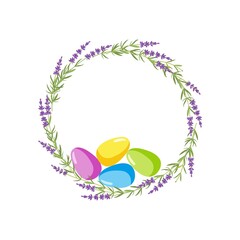 Easter Wreath with copy space. Round frame with lavander plant and bright painted eggs. Colored easter eggs and flowers. Greeting card, invitation template. Flat vector spring floral illustration.