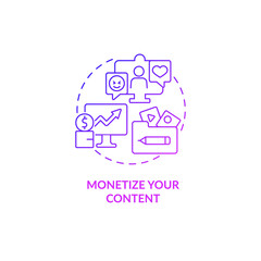 Monetize your content purple gradient concept icon. Business model. Money from subscription abstract idea thin line illustration. Isolated outline drawing. Roboto-Medium, Myriad Pro-Bold fonts used