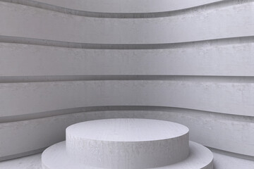 Round concrete pedestal or podium. Colorful minimal exhibition concept design. Abstract modern art illustration for presentation product. 3d render stone display showcase. Architectural background.