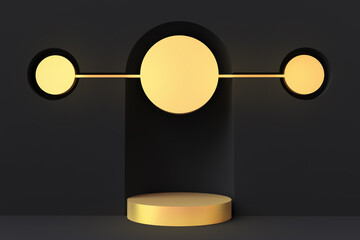 Round gold pedestal or podium. Colorful minimal exhibition. Abstract modern art illustration for presentation product. 3d render display showcase. Architectural concept design background.