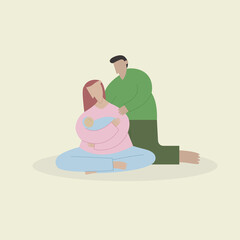 Woman carry a newborn baby and her husband there to support her vector illustration. Happy little family vector illustration. 
