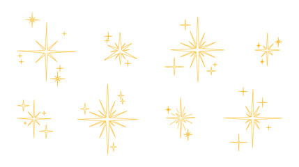 Vector set of stars in the doodle style. Simple golden stars drawn with lines.