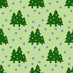 Seamless pattern. Image of green Christmas trees with balls and snowflakes on pastel pea backgrounds. Symbol of New Year and Christmas. Template for applying to surface. 3D image. 3d rendering