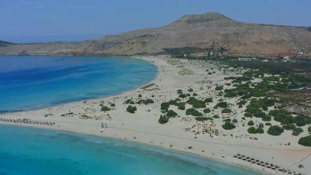 Aerial flying over Elafonisos Greek island, Simos double beach, Peloponnese. Greece.