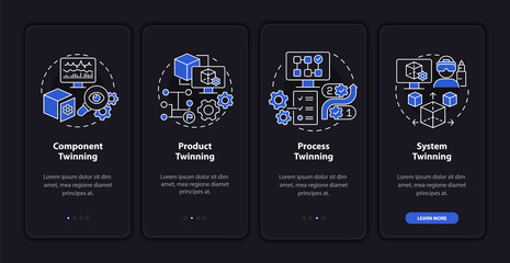 Digital twin levels night mode onboarding mobile app screen. Walkthrough 4 steps graphic instructions pages with linear concepts. UI, UX, GUI template. Myriad Pro-Bold, Regular fonts used - obrazy, fototapety, plakaty