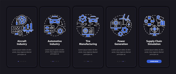 Digital twin implementation night mode onboarding mobile app screen. Walkthrough 5 steps graphic instructions pages with linear concepts. UI, UX, GUI template. Myriad Pro-Bold, Regular fonts used