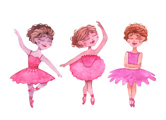 Three hand drawn beautiful cute little ballerinas isolated on white background. Watercolor illustration.