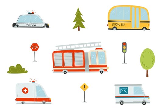 Set of cute cartoon cars. Ambulance, fire truck, police, mail car, road signs, traffic light isolate on white background. Vector clip art