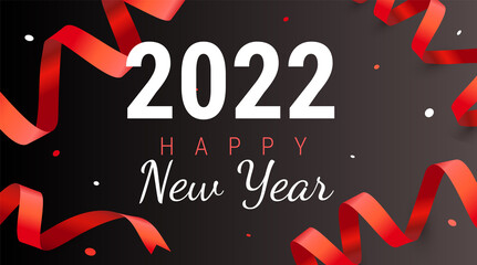 Vector illustration with red ribbon and text happy new year with number 2022. Beautiful holiday template design with text and confetti for 2022 new year greeting card