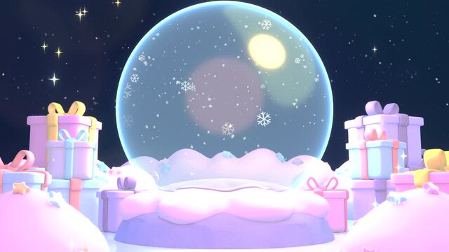 4K Looped snow globe surrounded by presents with falling snowflakes animation.