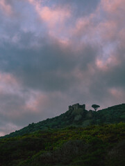 Obraz premium Paisaje antiguo y lúgubre con castillo y drago legendario de fondo