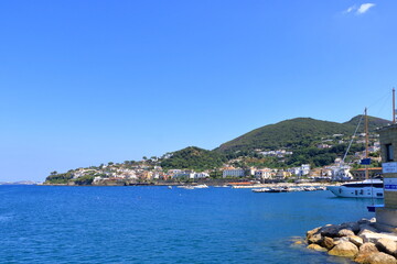 Fototapeta na wymiar Coastal landscape with marina of Casamicciola Terme, Ischia Island, Italy