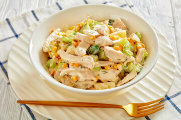 Fototapeta na wymiar salad of chicken breast, corn, ananas, cucumber