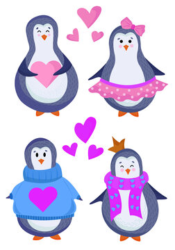 Vector Valentine's day penguins in love in a flat style isolated on a white background. Great for postcards, posters, stickers