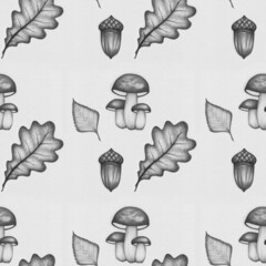Seamless graphic pattern with plants - composition of autumn leaves, mushrooms and oak acorns on a white background, suitable for wrappers, wallpapers, postcards, greeting cards, invitations.
