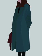 A girl in a blue coat, dark pants with a bag. Vector flat image in dark colors. Image of a young girl. Design for cards, posters, backgrounds, templates, textiles, avatars.