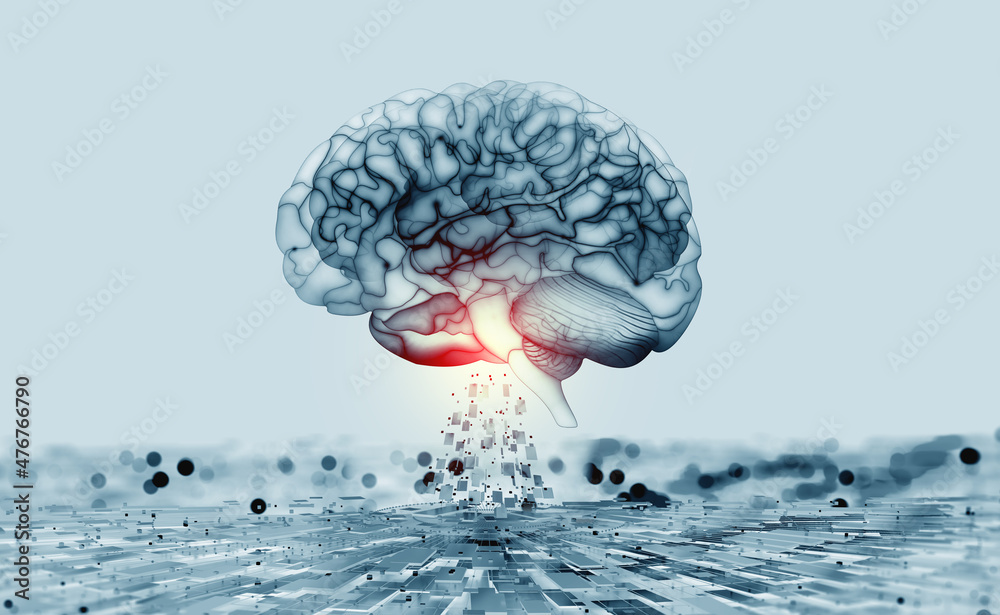 Poster Artificial intelligence, AI, cyber brain. Digital mind 3D illustration. Neural connections and data analysis network structure