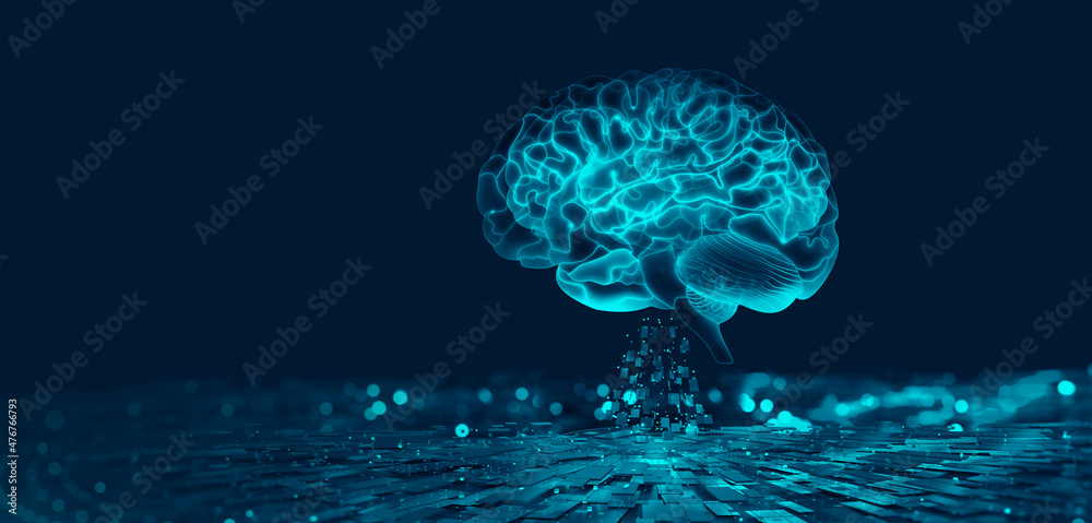 Poster Artificial intelligence, AI, cyber brain. Digital mind 3D illustration. Neural connections and data analysis network structure