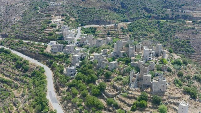 Greece Vatheia or Vathia old abandoned village, aerial pull out shot, Mani, Laconia Peloponnese	
